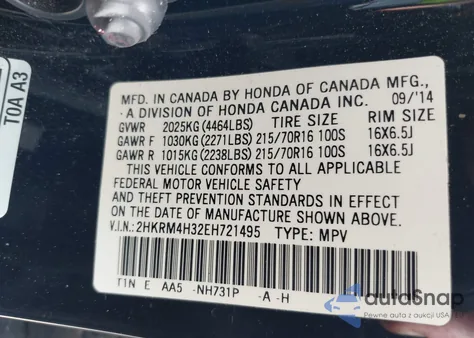 2014 Honda Cr-V Lx from USA, damaged, VIN 2HKRM4H32EH721495